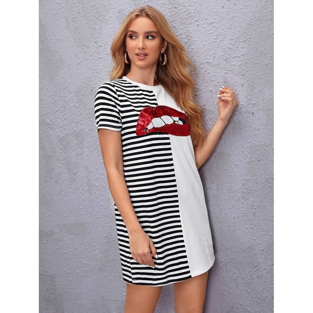(B4) Shein Tall Womens Sequin Lips Striped Colorblock T-Shirt Mini Dress Small